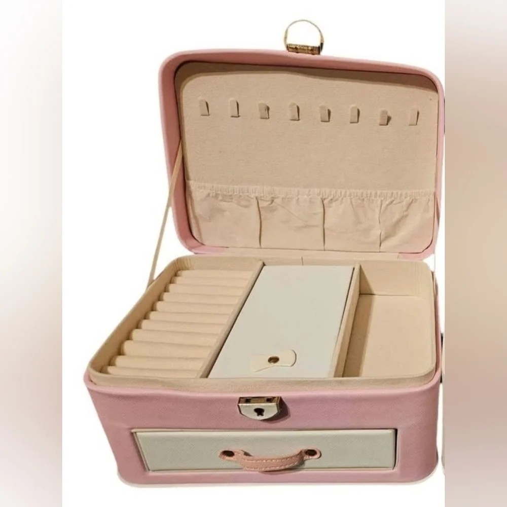 Pink Girls Jewelry Box With Cartoon Easter Bunny Strawberries